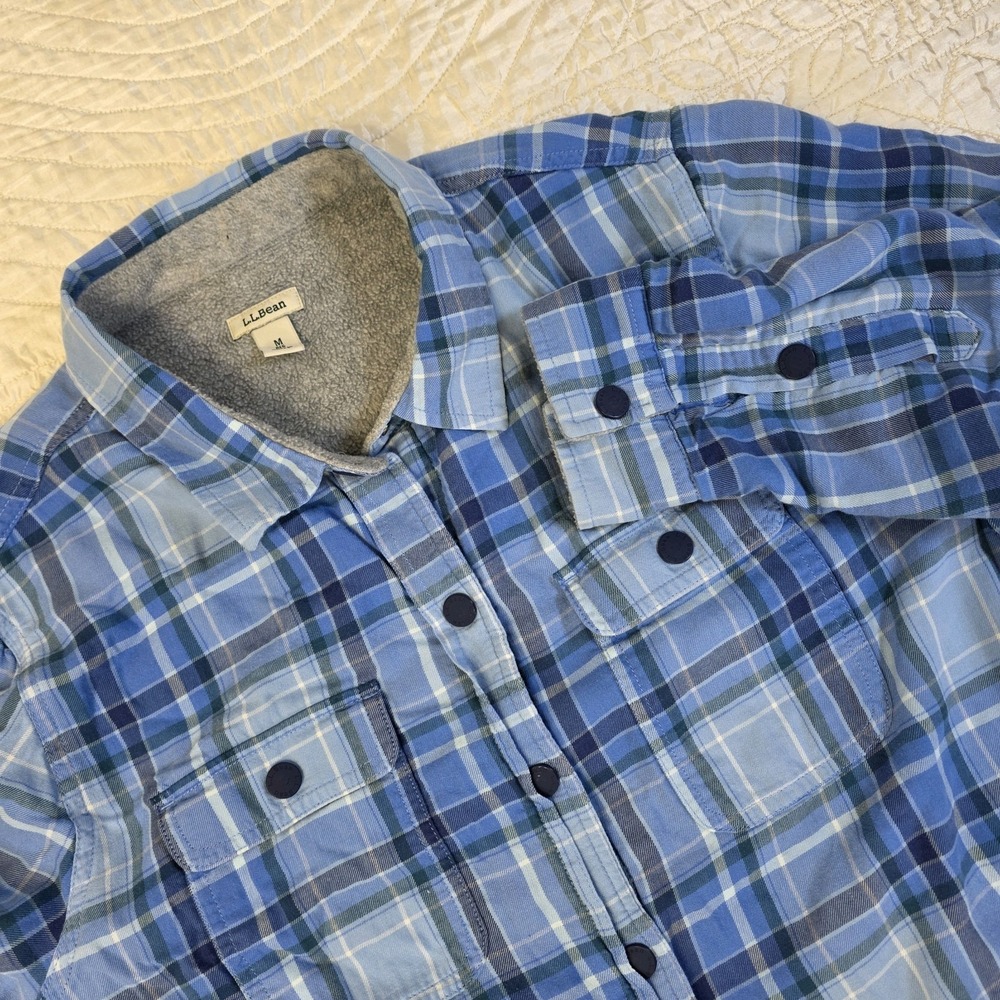 LL BEAN Fleece Lined Blue Plaid Flannel Chore Shirt Jacket Shacket Men's Medium